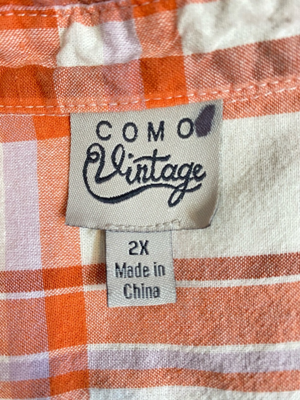 Como Vintage Women plus size 2X Orange Cream White Plaid Pop Over Button  Blouse - Picture 4 of 5